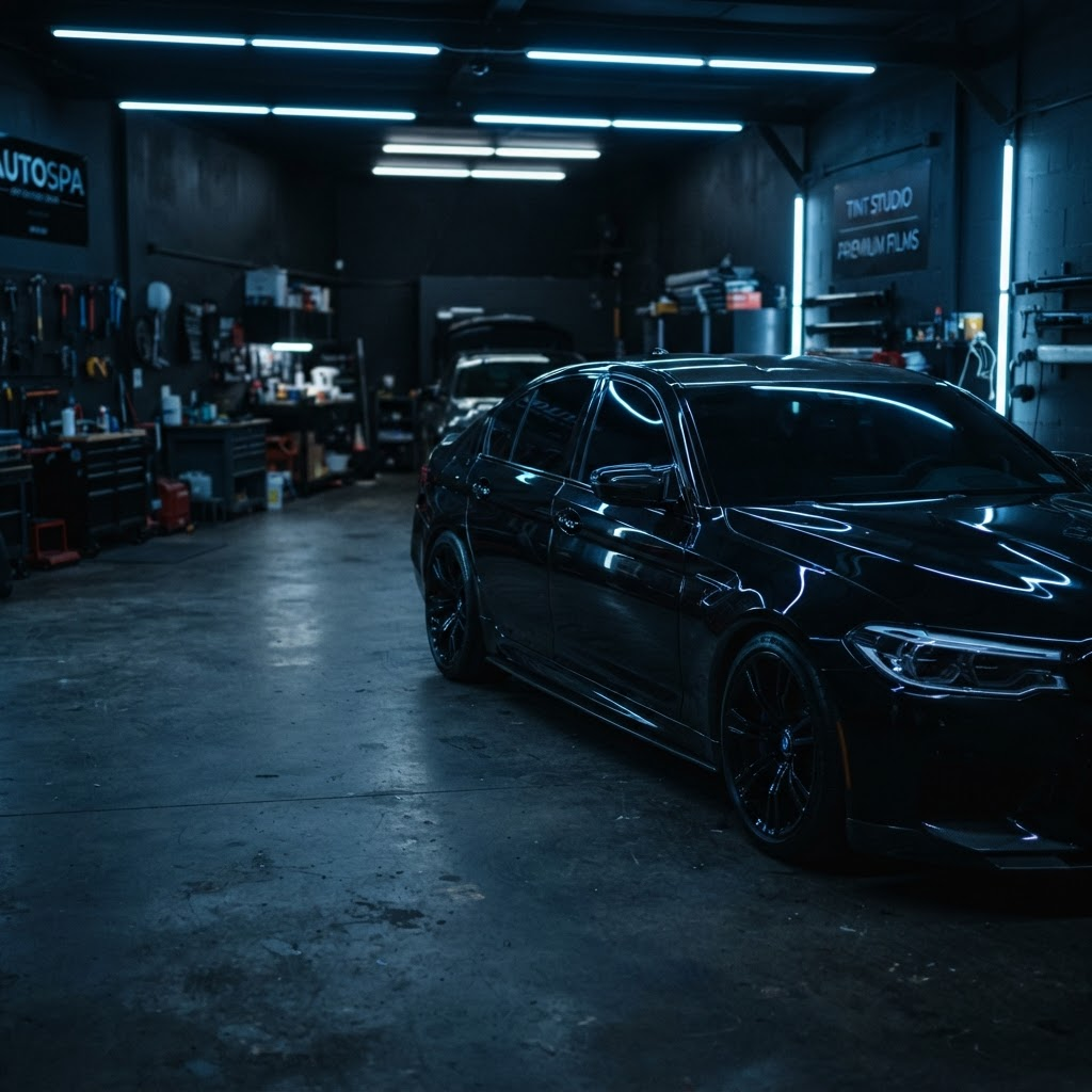 Sedan with smoked nano ceramic tinted windows in the Out Tinted shop