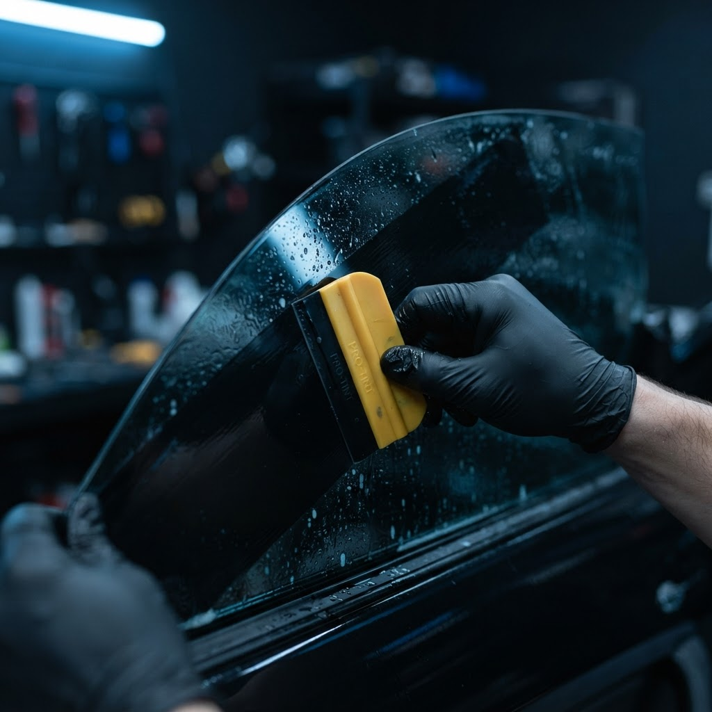 Installer squeegeeing nano ceramic film onto a car window